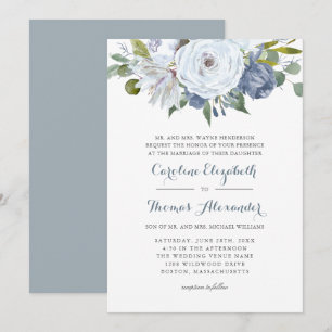 Blaue und weiße Wasserfarben Blumen Elegante Hochz Einladung
