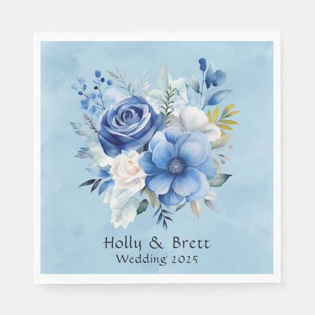 Blaue und weiße Wasserfarben-Hochzeit Serviette (Vorderseite)