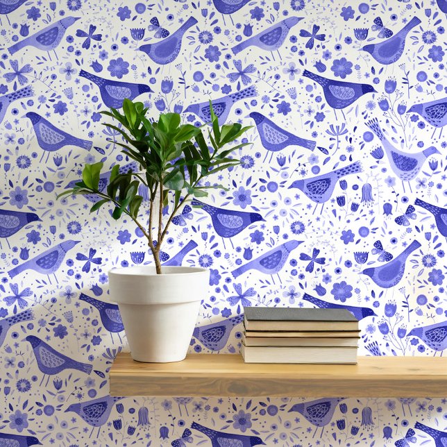 Blaue und weiße Wasserfarben - Vögel und Blume Tapete (Blue and white watercolor bird and wildflower art wallpaper)