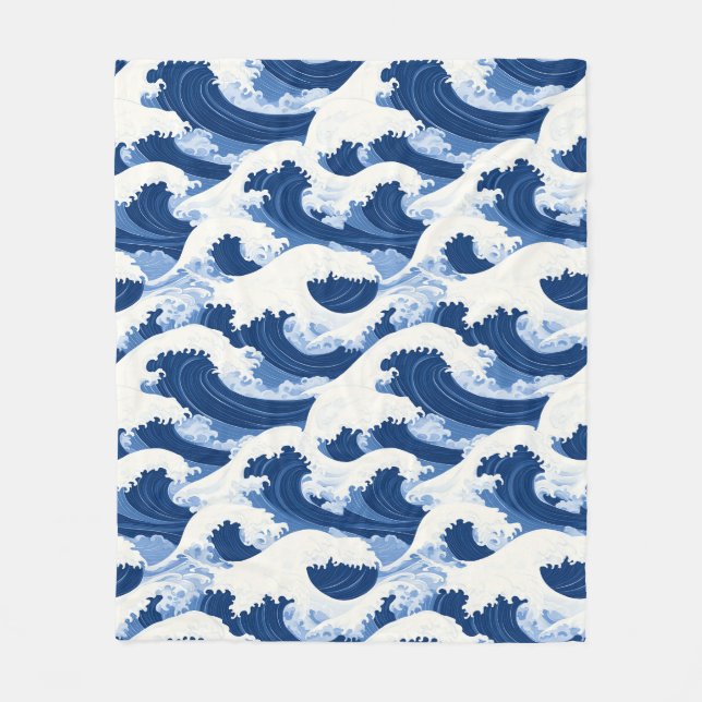 Blaue und weiße Waves Nautische Muster Fleecedecke (Vorderseite)
