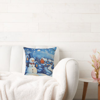 Blaue und weiße Weihnachtslandschaft Schneemann Ki Kissen
