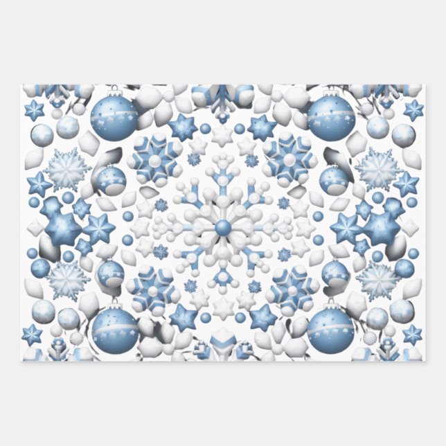 Blaue und weiße Weihnachtsmuster Geschenkpapier Set (Vorderseite)