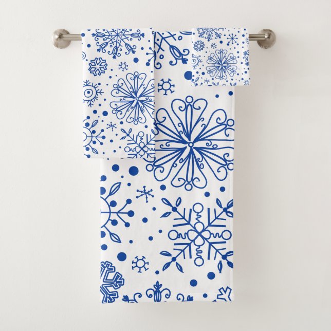 Blaue und weiße Weihnachtsschneeflocken Muster Badhandtuch Set (Insitu)