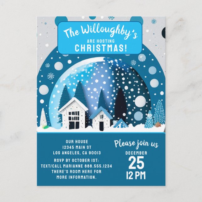 Blaue und weiße Winterwunderlandhäuser - Schneeglo Postkarte (Vorderseite)