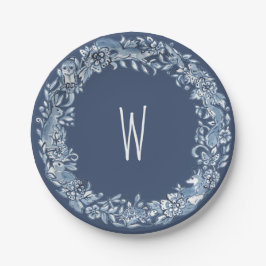Blaue und weiße Woodland-Tierkreide-Delft-Monogram Pappteller