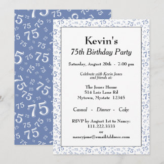 Blaue und weiße Zahlenmuster der 75. Geburtstagspa Einladung