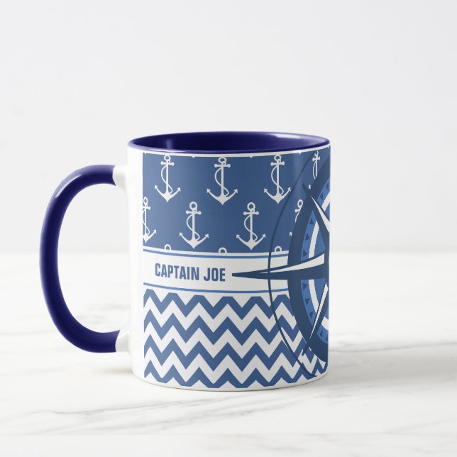 Blaue und weiße Zickzack kundenspezifische Tasse (Links)