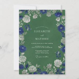 Blaue üppige Blumenromanze Hochzeit Einladung