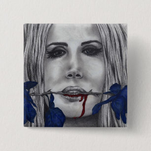 Blaue Vampir-Frauen-Porträt mit blutroten Rosen in Button