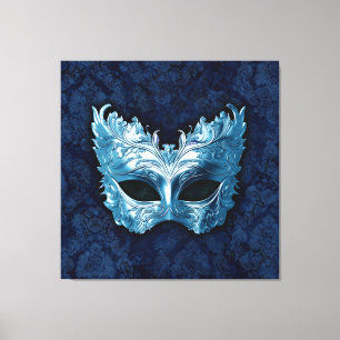 Blaue venezianische Maske auf blauem Damast-Hinter Leinwanddruck