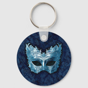 Blaue venezianische Maske auf blauem Damast-Hinter Schlüsselanhänger