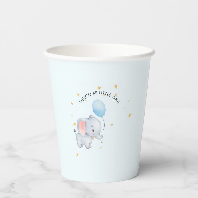Blaue Verspielte Elefanten-Baby-Party Pappbecher (Rückseite)
