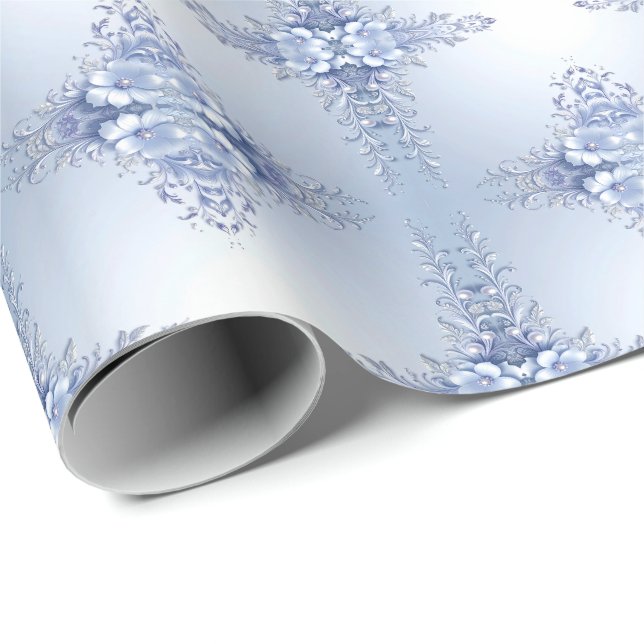 Blaue verzierte Blumen mit Perlen Geschenkpapier (Rolleneckpunkt)