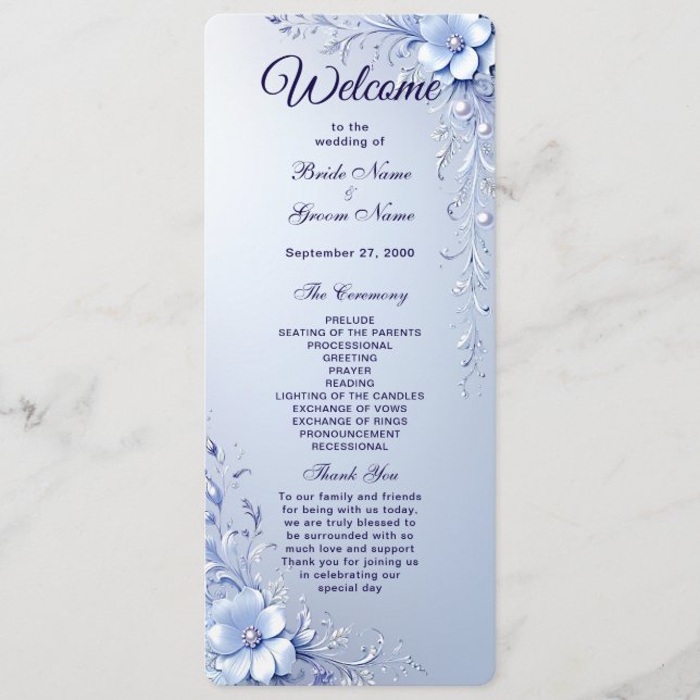 Blaue Verzierte Blumen mit Perlen Hochzeitsprogram Programm (Vorderseite)