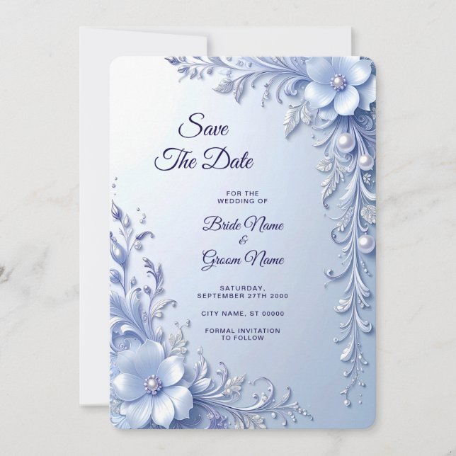 Blaue Verzierte Blumen mit Perlen Save The Date (Vorderseite)