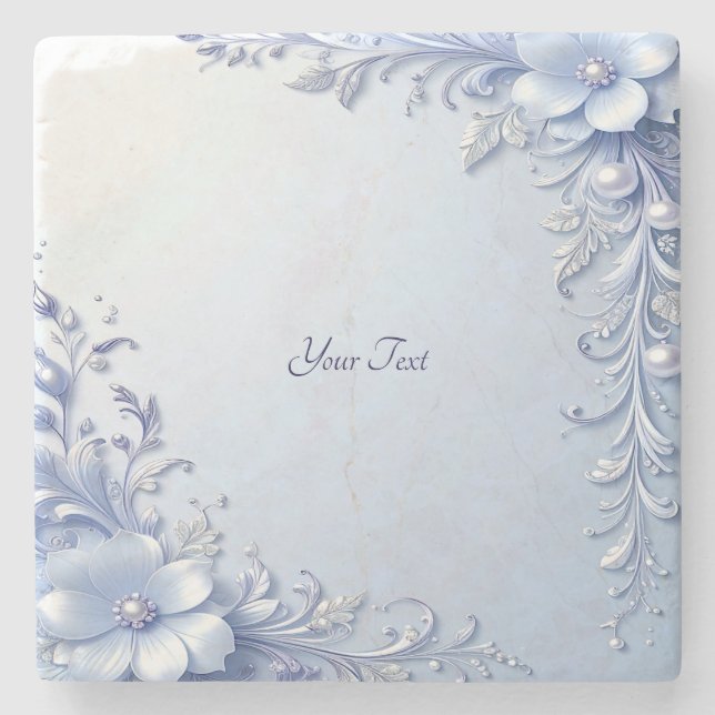 Blaue verzierte Blumen mit Perlen Steinuntersetzer (Vorderseite)