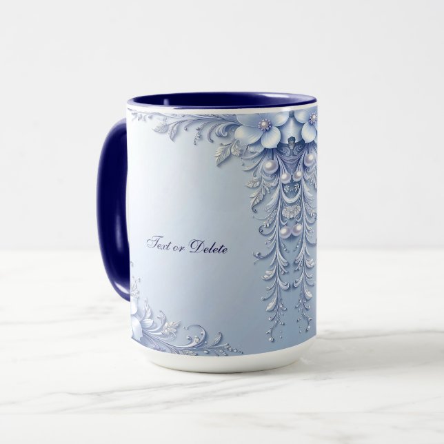Blaue verzierte Blumen mit Perlen Tasse (Vorderseite Links)