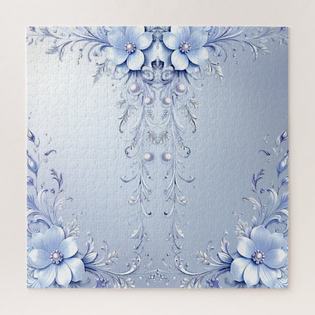 Blaue Verzierte Blumen Puzzle (Vertikal)