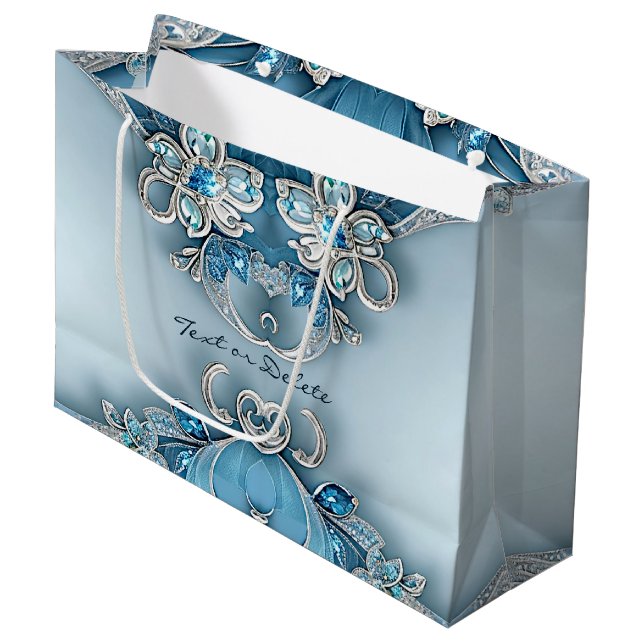 Blaue Verzierte Blumenbeutel Große Geschenktüte (Vorderseite Schrägansicht)