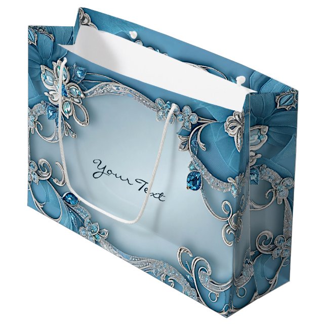 Blaue Verzierte Blumenbeutel Große Geschenktüte (Vorderseite Schrägansicht)