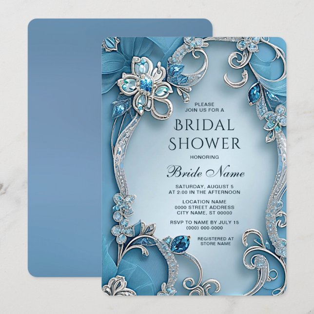 Blaue Verzierte Blumendusche Einladung (Vorne/Hinten)