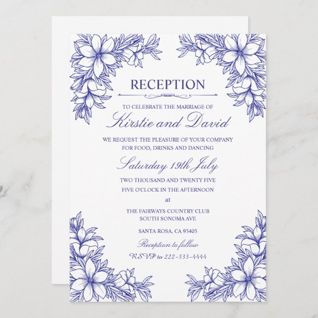 Blaue Verzierte Blumenhochzeit Einladung (Vorne/Hinten)