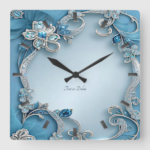Blaue verzierte Blumenwanduhr Quadratische Wanduhr