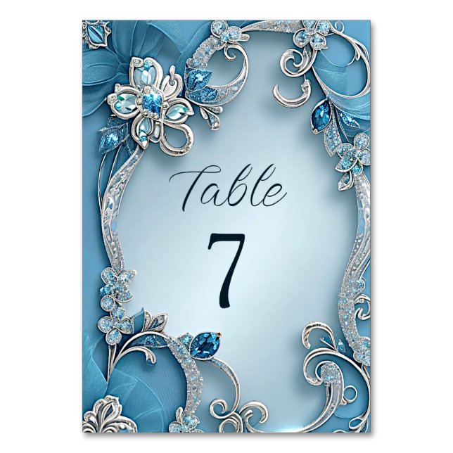 Blaue Verzierte florale Tischnummer (Vorderseite)