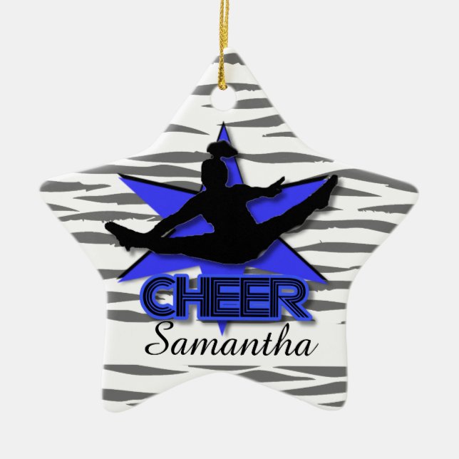 Blaue Verzierung Tiger der Cheerleader Weihnachts Keramikornament (Vorne)