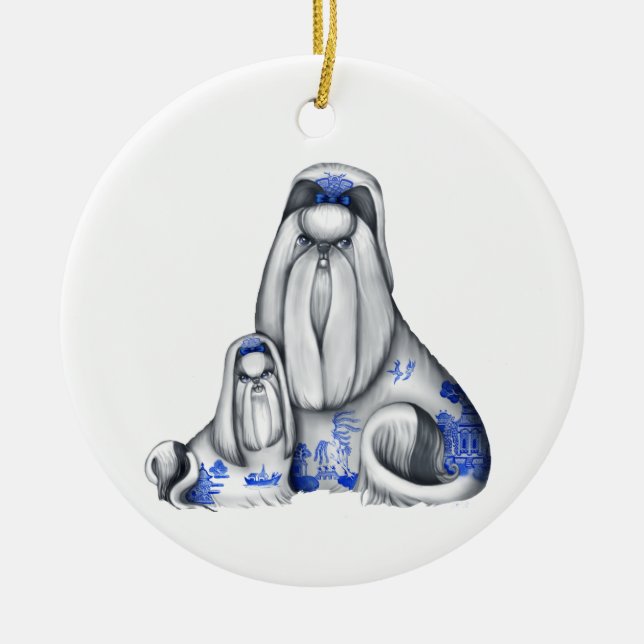 Blaue Verzierung WeideShih Tzus Keramikornament (Vorne)