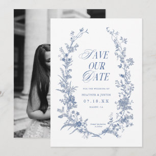 Blaue viktorianische Blumige Staubblaue Fotografie Save The Date