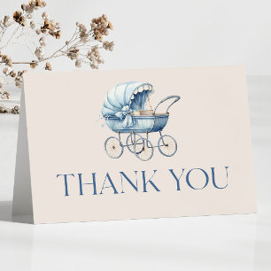 Blaue Vintage-Babykutsche-Baby-Party Dankeskarte