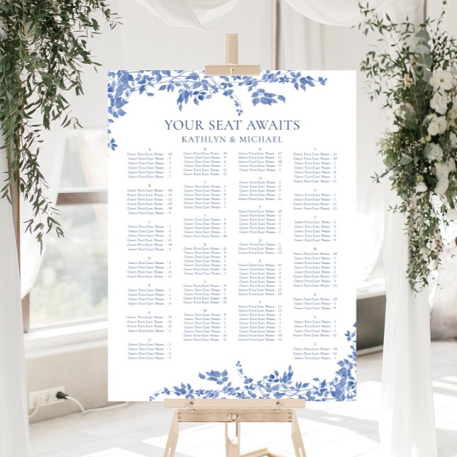 Blaue Vintage blühende Alphabetische Hochzeitssitz Poster (Von Creator hochgeladen)