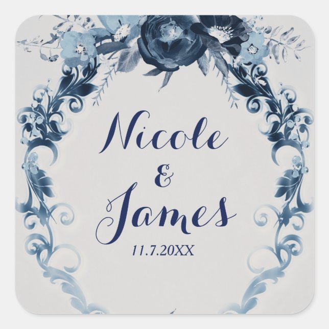 Blaue Vintage Blume Elegante Gastgeschenk Hochzeit Quadratischer Aufkleber (Vorderseite)