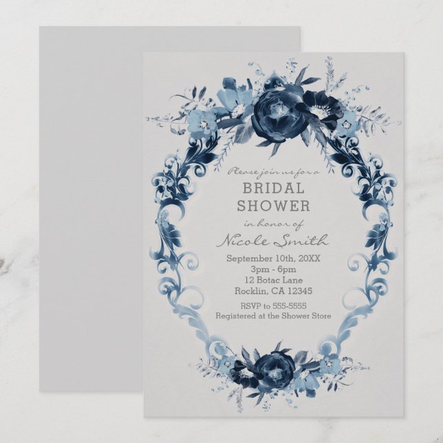 Blaue Vintage Blume Elegantes Brautparty Einladung (Vorne/Hinten)