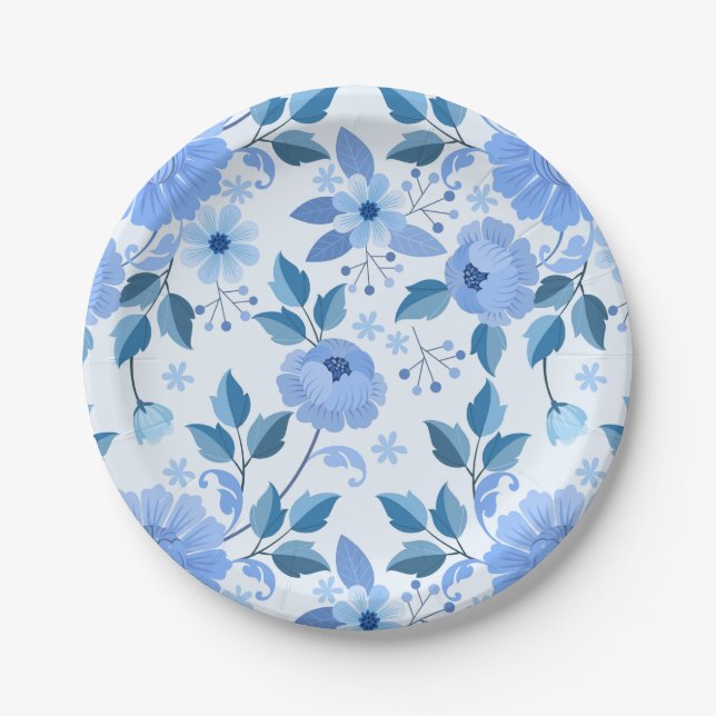 Blaue vintage Blumen Pappteller (Vorderseite)