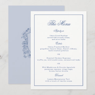 Blaue Vintage-Blumen-Wappen-Hochzeitsmenükarte Einladung