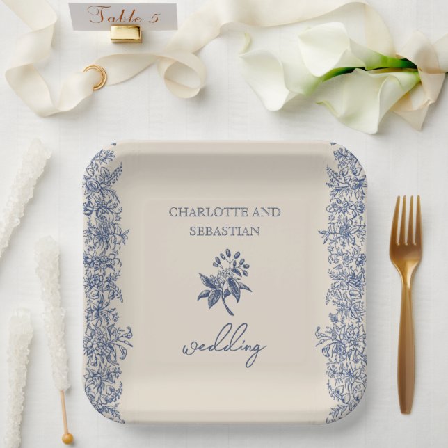 Blaue Vintage Blumenhochzeit Pappteller (Hochzeit)