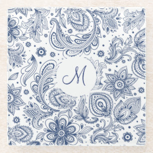Blaue Vintage-Blumenmuster-Monogramm-Glasuntersetz Glasuntersetzer