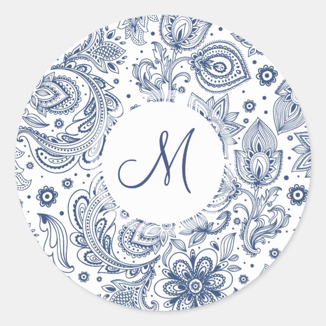 Blaue Vintage Blumenmuster Monogramm Rundkleber Runder Aufkleber (Vorderseite)
