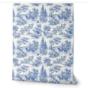 Blaue Vintage-Französische-Toile-Waldlandschaft Tapete