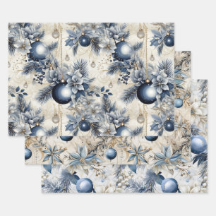 Blaue Vintage-inspirierte Weihnachtsblumen Geschenkpapier Set