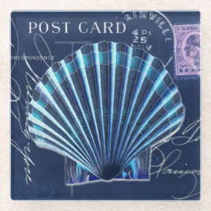 Blaue Vintage-Kammmuschel-US-Postage-Collage Glasuntersetzer