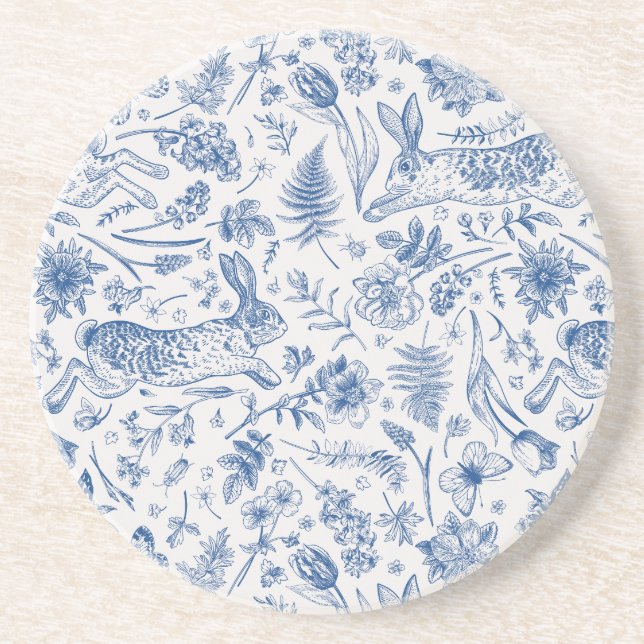 Blaue Vintage Kaninchen und Frühlingsblumenmuster Getränkeuntersetzer (Vorne)