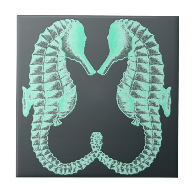 Blaue Vintage küssende Seepferde Fliese (Vorderseite)