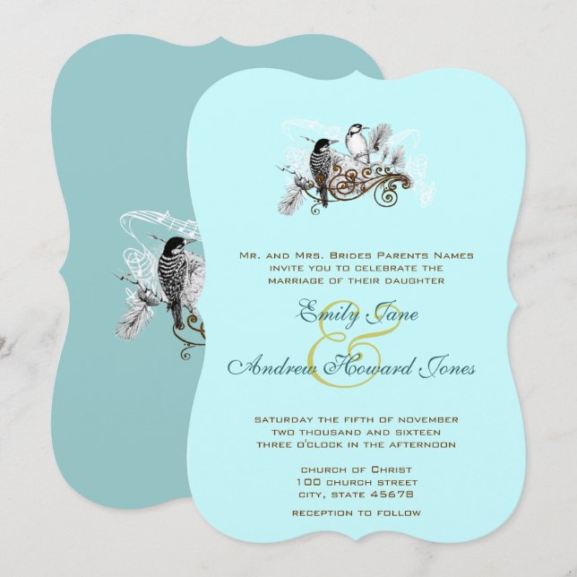 Blaue Vintage Liebesvögel Einladung Hochzeit (Vorne/Hinten)