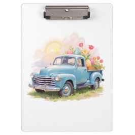 Blaue Vintage-Lieferwagen mit Ostereiern & Tulpen Klemmbrett
