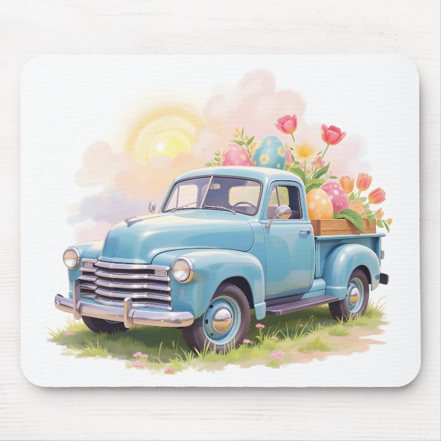 Blaue Vintage-Lieferwagen mit Ostereiern & Tulpen Mousepad (Vorne)