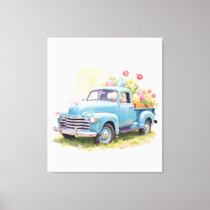 Blaue Vintage-Lieferwagen mit Ostereiern und Tulpe Leinwanddruck