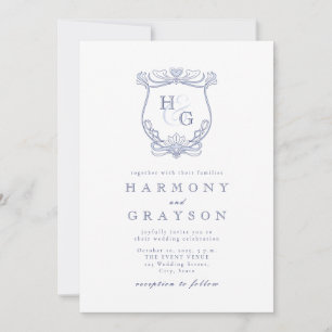 Blaue Vintage-Monogramm-Hochzeit Einladung